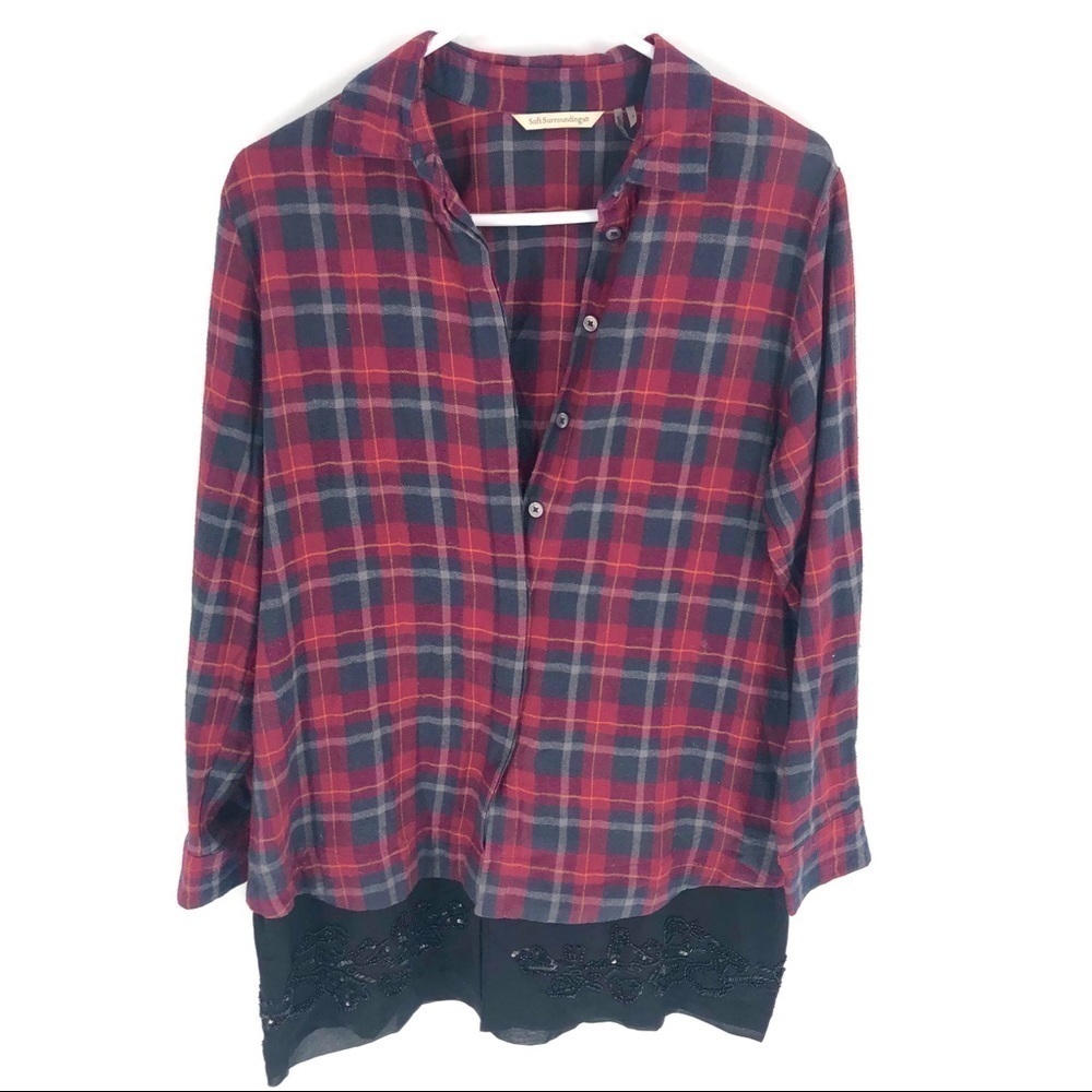 Soft Surroundings Tunic Top Womens Small Olaid Lace Beaded Hem Flannel Cotton